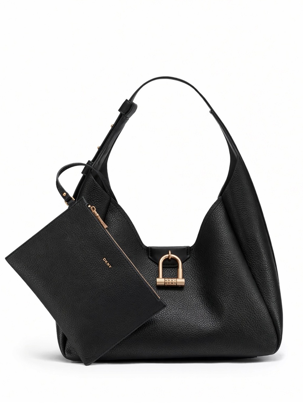 DKNY Black Pebbled Leather Hobo with Gold-Tone Padlock Accent